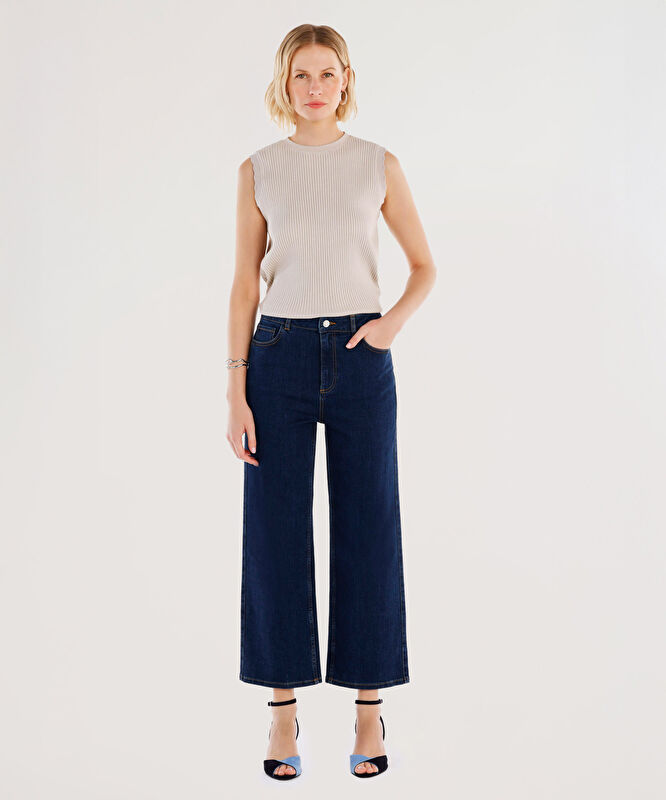 Yüksek Bel Cep Detaylı Denim Pantolon