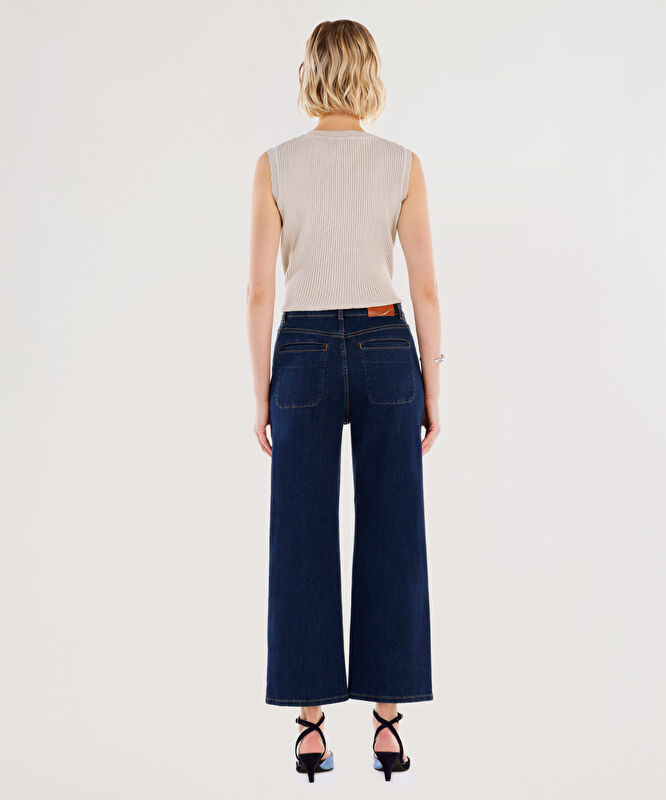 Yüksek Bel Cep Detaylı Denim Pantolon