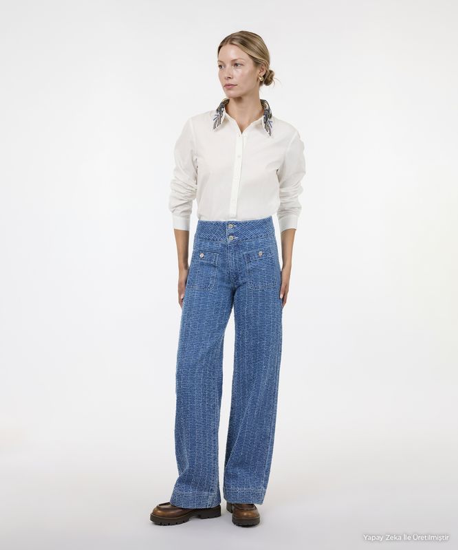 Pamuk Denim Geniş Normal Bel Pantolon