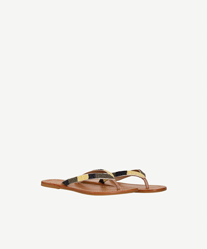 Parmak Arası Boncuk İşlemeli Deri Terlik