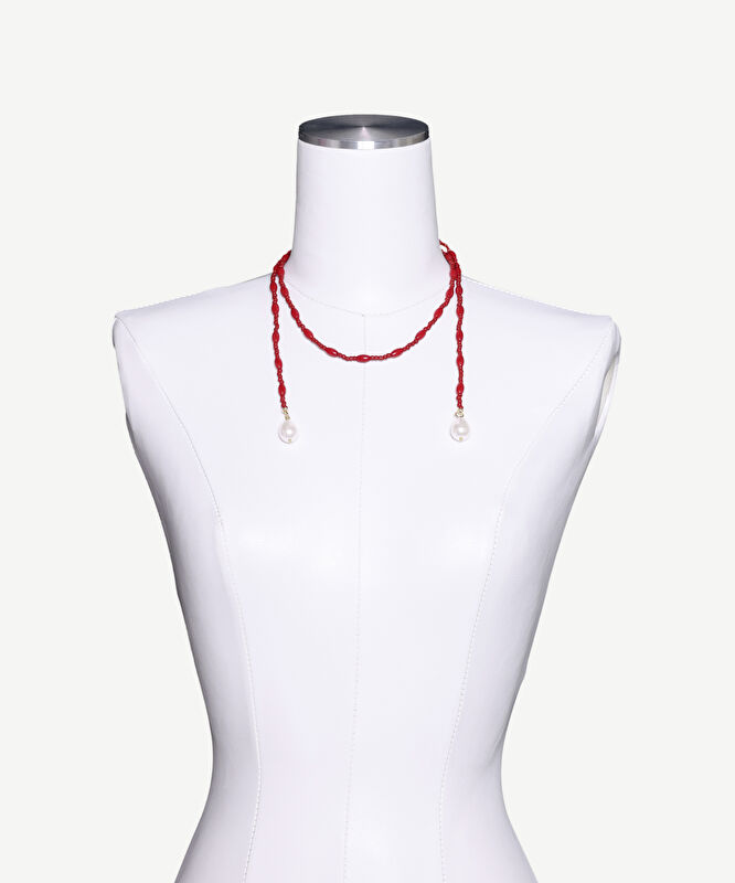 Mayorka İnci Detaylı Uzun Mercan Kolye