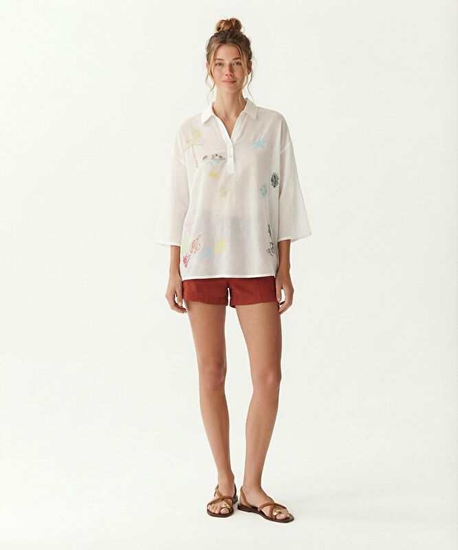 Regular Gömlek Yaka 3/4 Kol Bluz