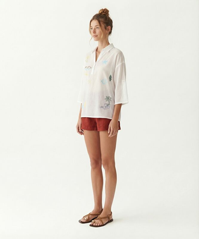 Regular Gömlek Yaka 3/4 Kol Bluz