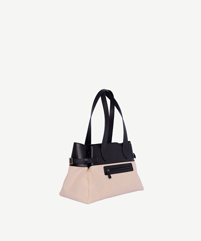 Deri Garnili Kanvas Büyük Omuz Çantası