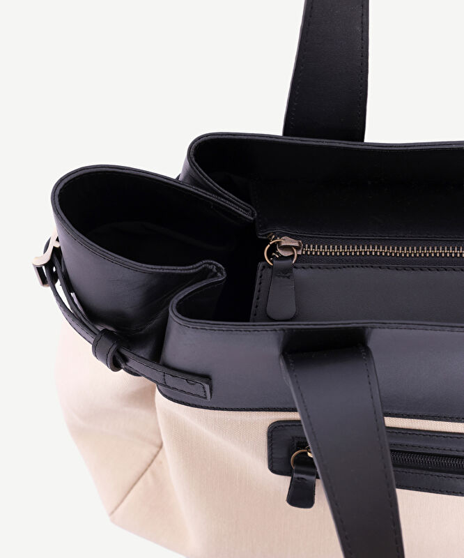 Deri Garnili Kanvas Büyük Omuz Çantası