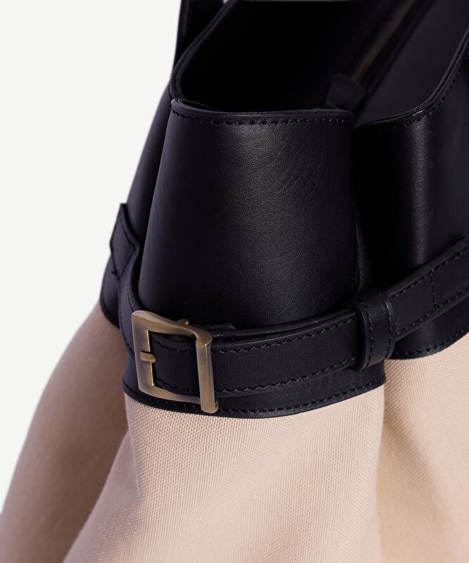 Deri Garnili Kanvas Büyük Omuz Çantası