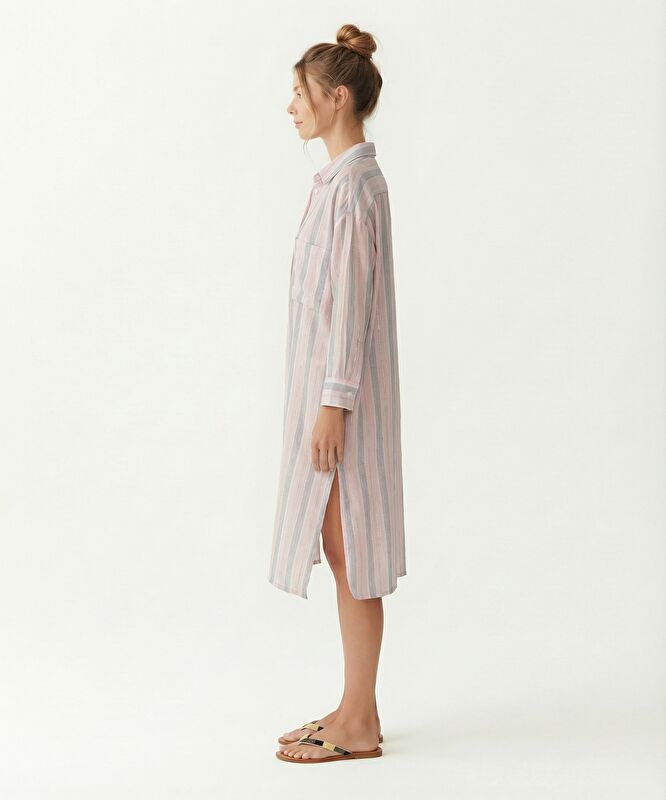 Düz Gömlek Yaka Uzun Kol Elbise