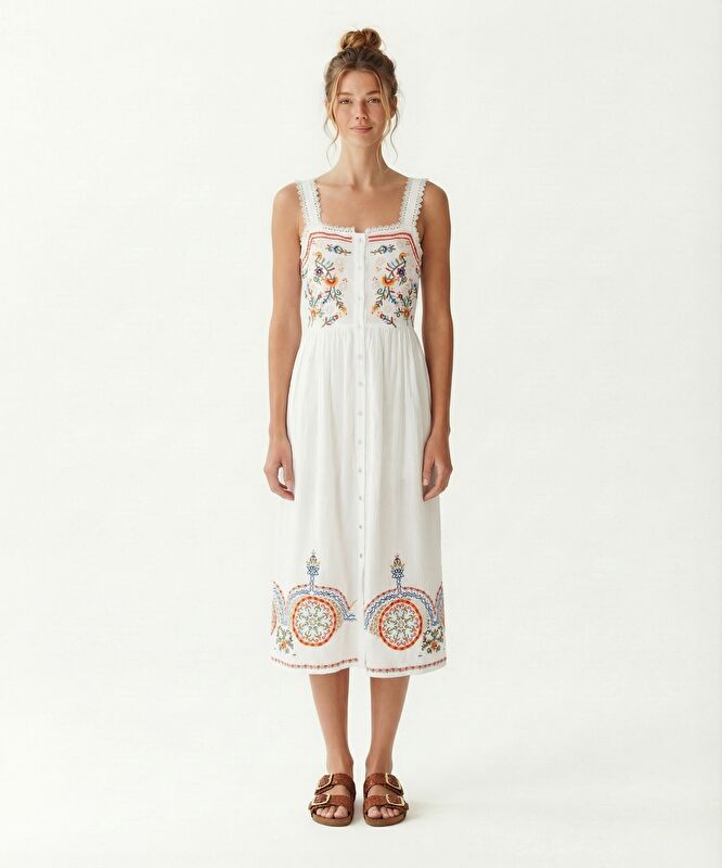 Düz Kare Yaka Askılı Elbise