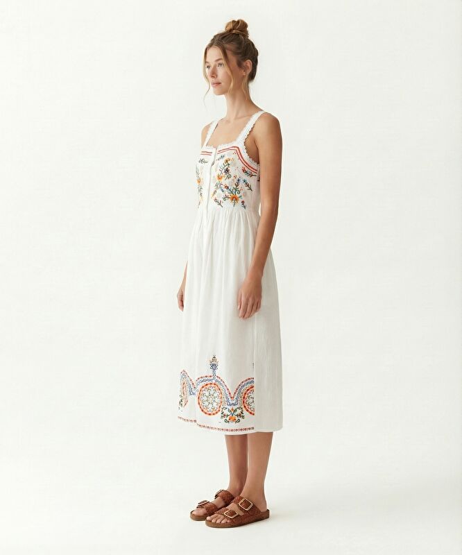 Düz Kare Yaka Askılı Elbise