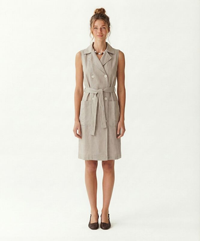 Düz Ceket Yaka Kolsuz Elbise