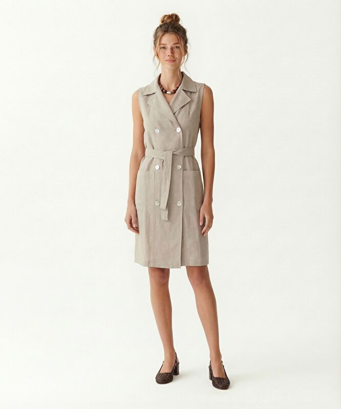 Düz Ceket Yaka Kolsuz Elbise