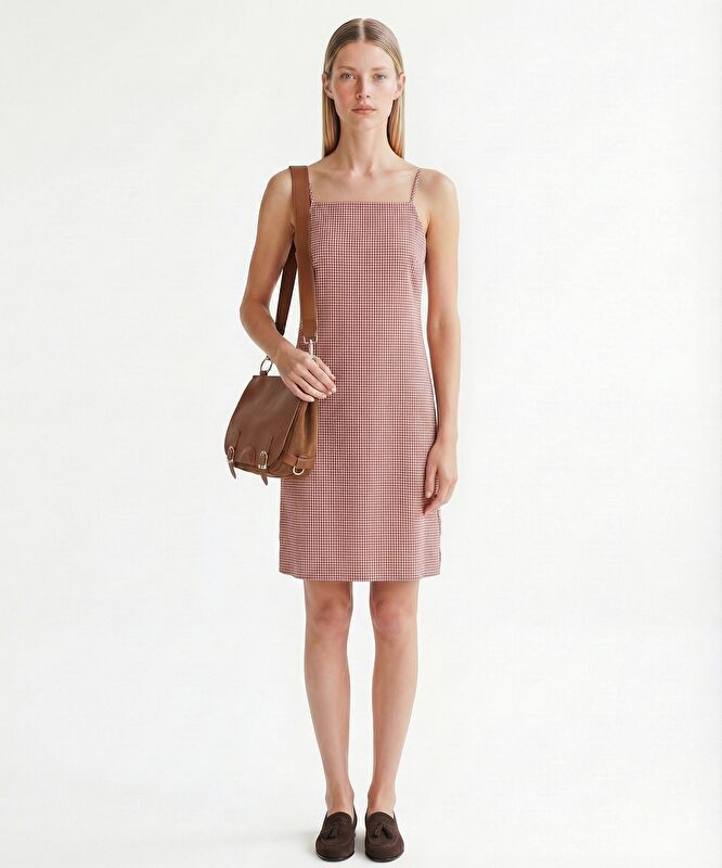 Düz Kare Yaka Askılı Kol Elbise