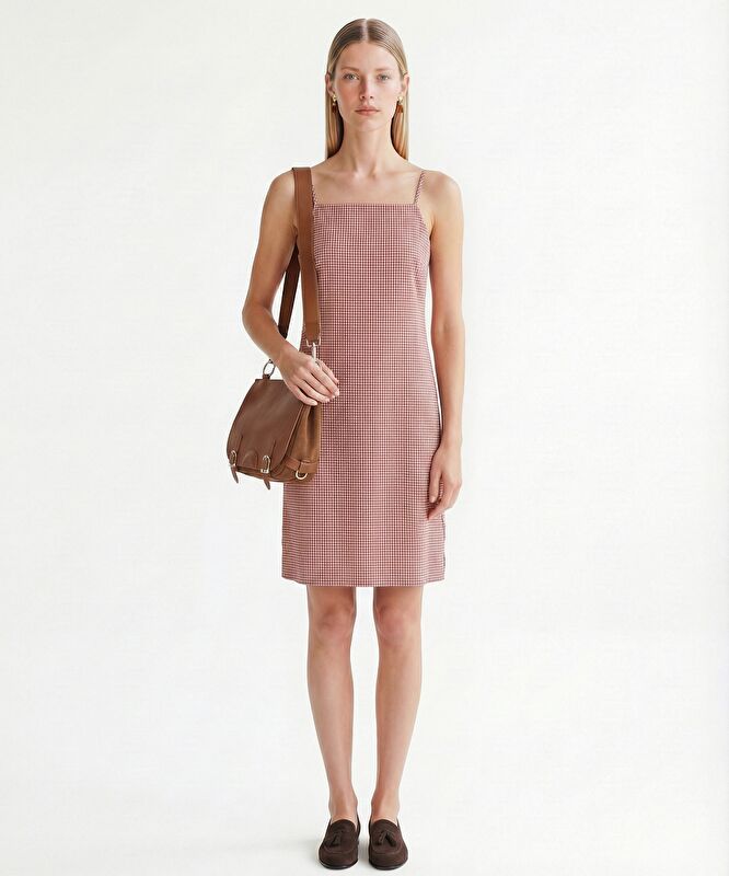 Düz Kare Yaka Askılı Elbise