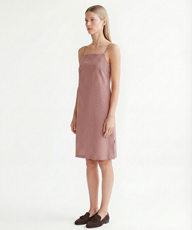 Düz Kare Yaka Askılı Kol Elbise