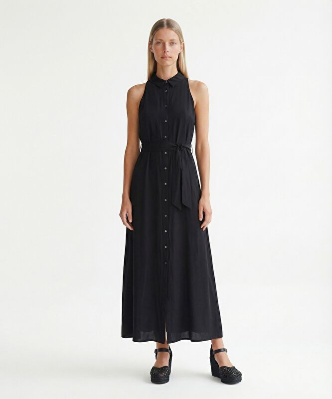 Dar Gömlek Yaka Kolsuz Elbise