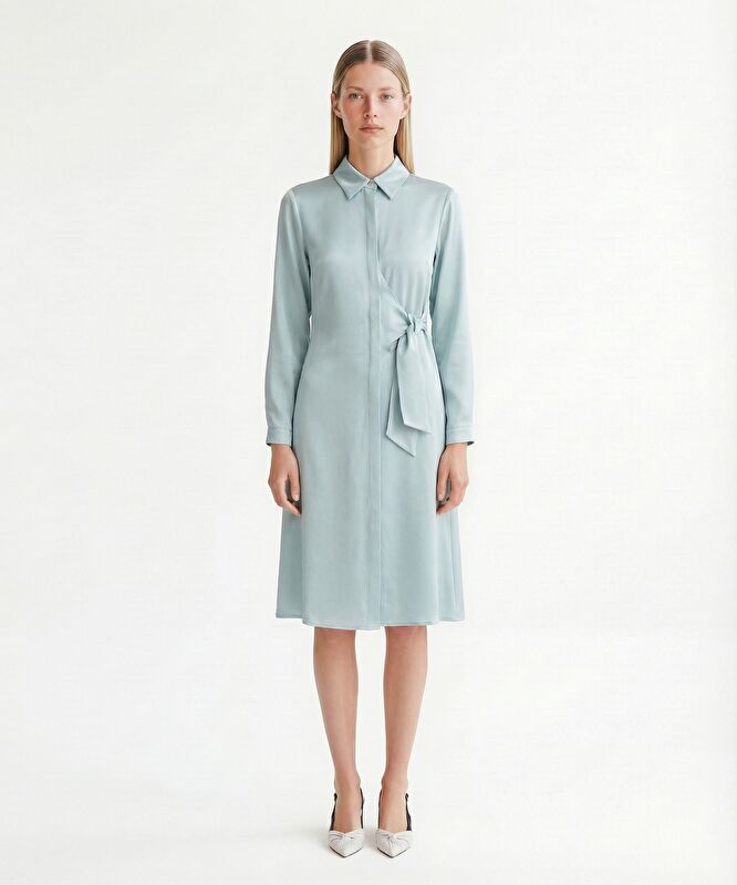 Düz Gömlek Yaka Uzun Kol Elbise