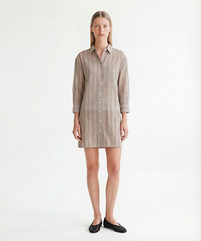 Düz Gömlek Yaka Uzun Kol Elbise