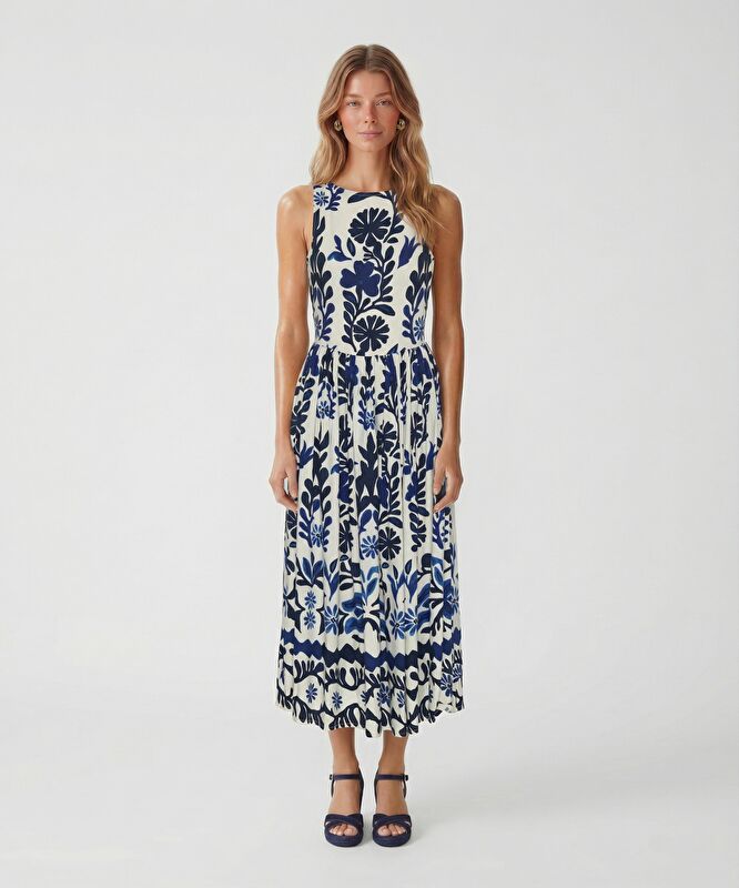 Düz Bisiklet Yaka Kolsuz Elbise