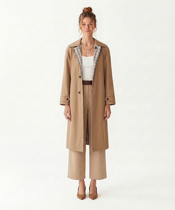 Geniş Ceket Yaka Uzun Kol Pardösü