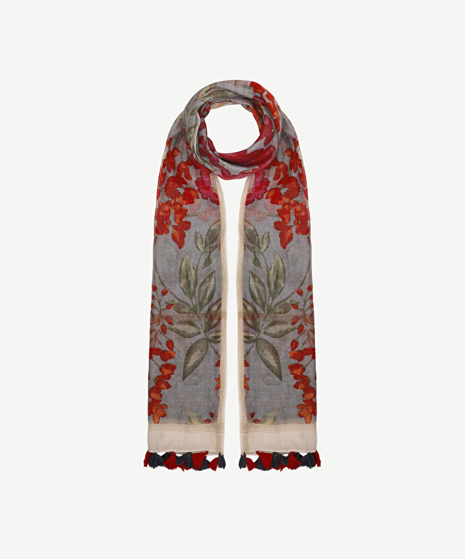 Püskül Detaylı Yaprak Desenli Şal