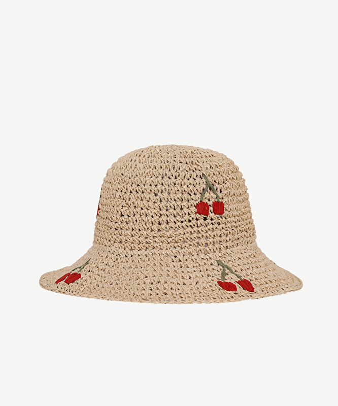 Kiraz Nakışlı Hasır Şapka