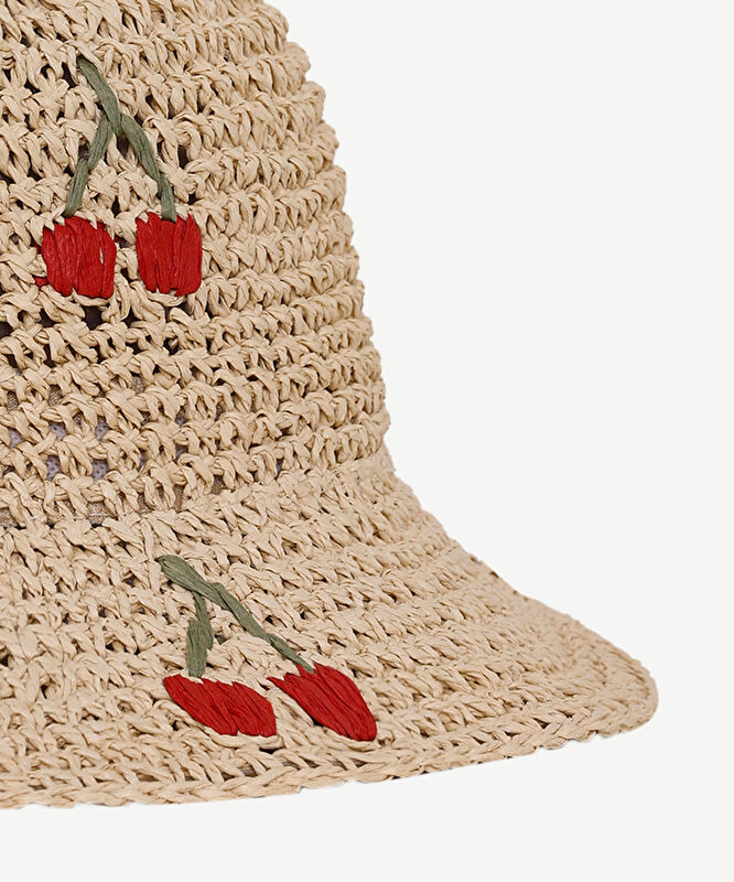 Kiraz Nakışlı Hasır Şapka